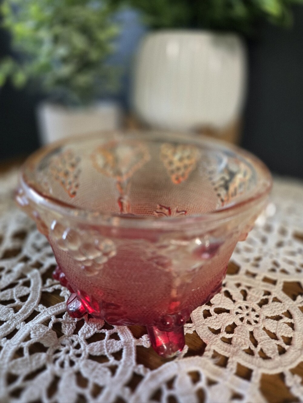 Pink Pressed Glass Footed Grape Bowl